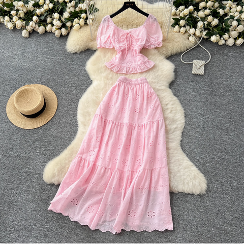 Hollowed Embroidered Top & Skirt 2Pcs