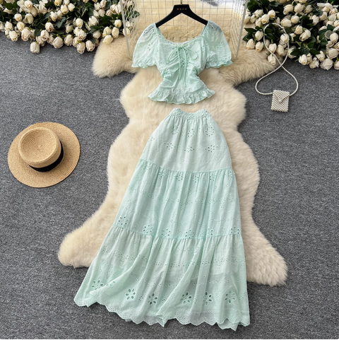 Hollowed Embroidered Top & Skirt 2Pcs