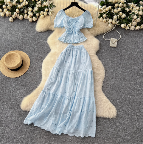 Hollowed Embroidered Top & Skirt 2Pcs