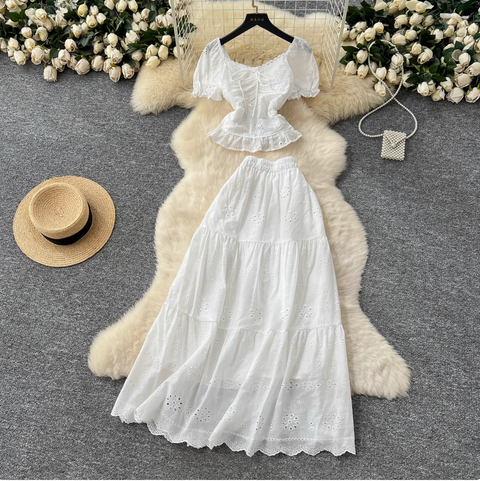 Hollowed Embroidered Top & Skirt 2Pcs