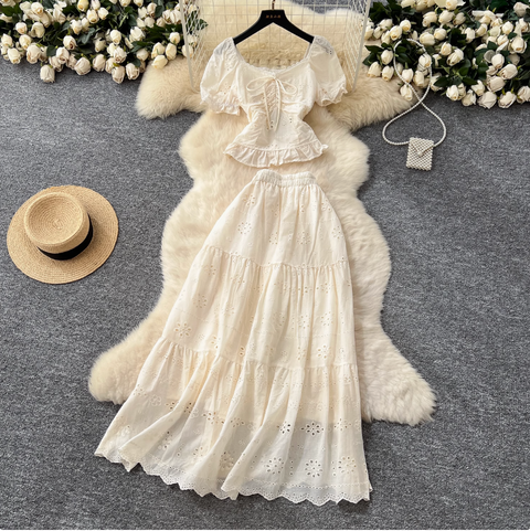 Hollowed Embroidered Top & Skirt 2Pcs