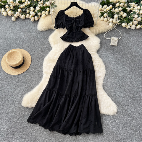 Hollowed Embroidered Top & Skirt 2Pcs