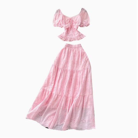 Hollowed Embroidered Top & Skirt 2Pcs