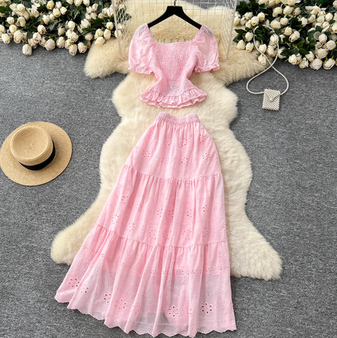 Hollowed Embroidered Top & Skirt 2Pcs