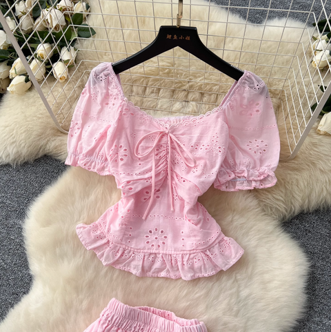 Hollowed Embroidered Top & Skirt 2Pcs