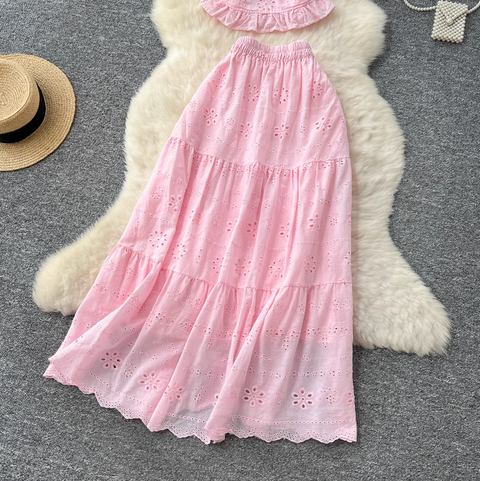 Hollowed Embroidered Top & Skirt 2Pcs