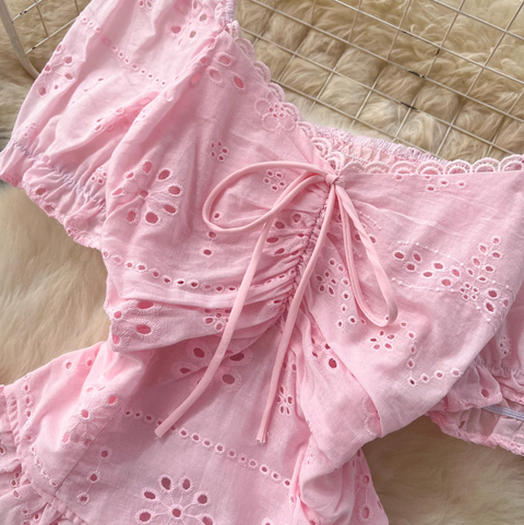 Hollowed Embroidered Top & Skirt 2Pcs