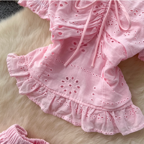 Hollowed Embroidered Top & Skirt 2Pcs