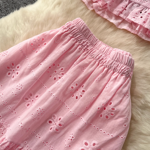 Hollowed Embroidered Top & Skirt 2Pcs