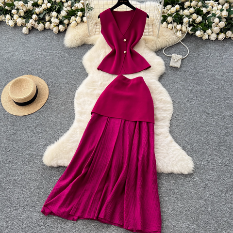 Elegant Knitted Vest & Patchwork Skirt 2Pcs