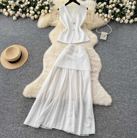 Elegant Knitted Vest & Patchwork Skirt 2Pcs