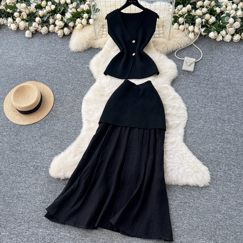 Elegant Knitted Vest & Patchwork Skirt 2Pcs