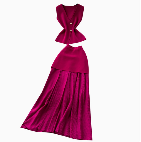 Elegant Knitted Vest & Patchwork Skirt 2Pcs