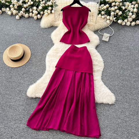 Elegant Knitted Vest & Patchwork Skirt 2Pcs