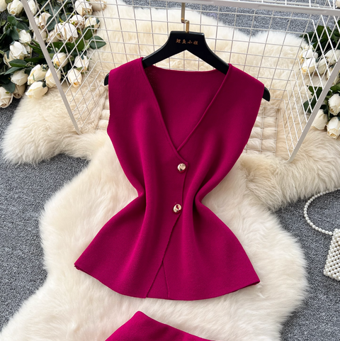 Elegant Knitted Vest & Patchwork Skirt 2Pcs