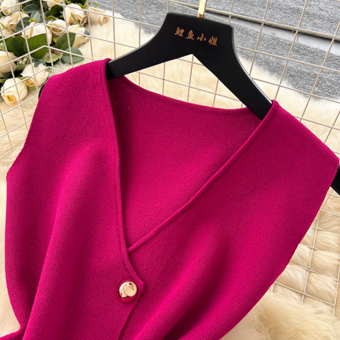 Elegant Knitted Vest & Patchwork Skirt 2Pcs