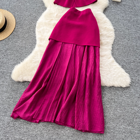 Elegant Knitted Vest & Patchwork Skirt 2Pcs