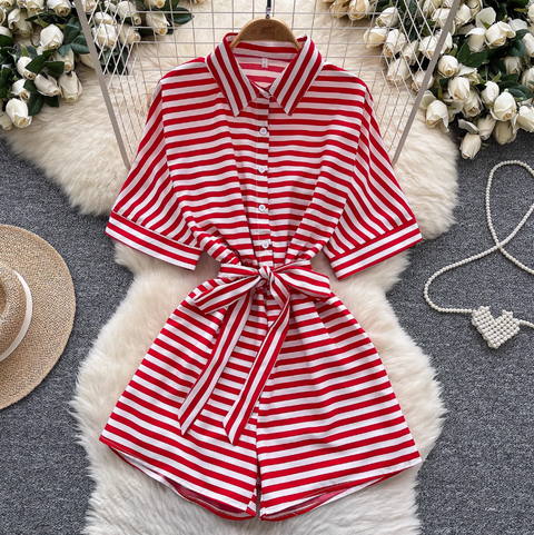 Polo Collar Striped Shirt Rompers