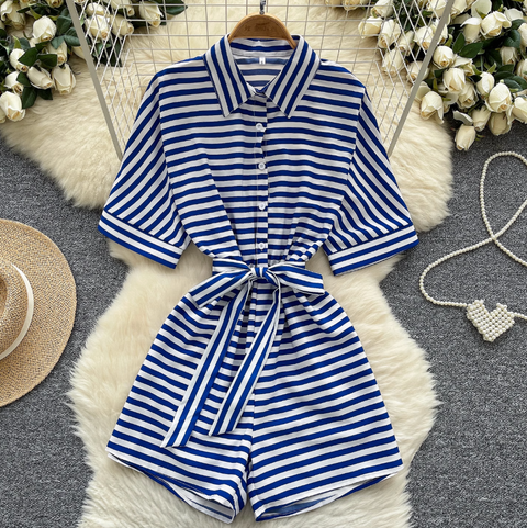Polo Collar Striped Shirt Rompers