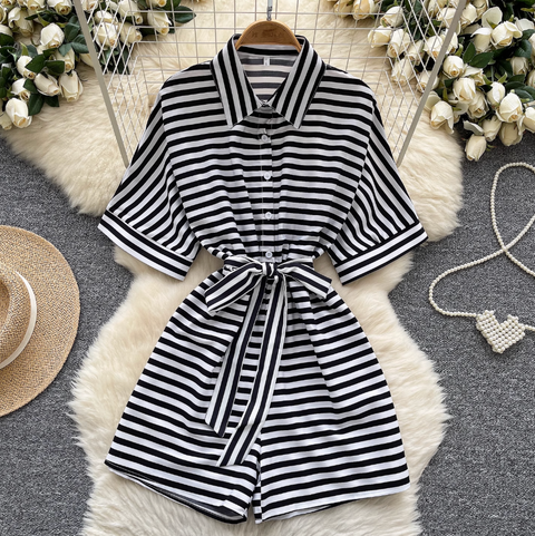 Polo Collar Striped Shirt Rompers