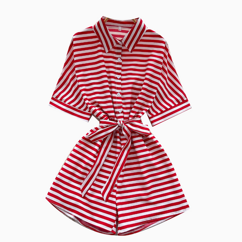 Polo Collar Striped Shirt Rompers