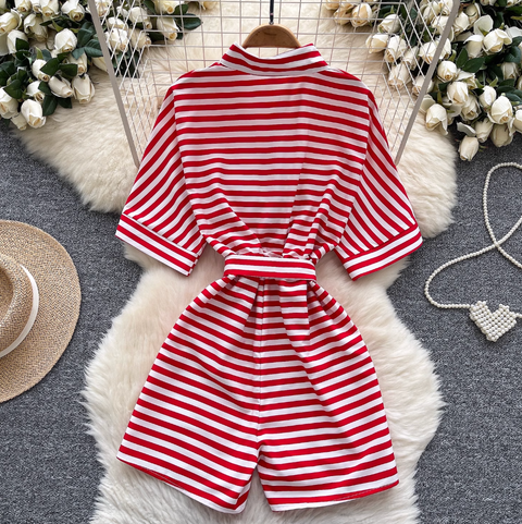 Polo Collar Striped Shirt Rompers