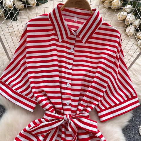 Polo Collar Striped Shirt Rompers