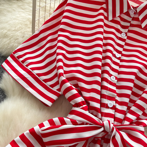 Polo Collar Striped Shirt Rompers