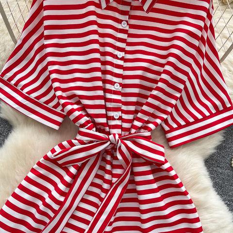Polo Collar Striped Shirt Rompers