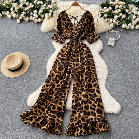 V-neck Lace Up Leopard Printed Jumpsuits