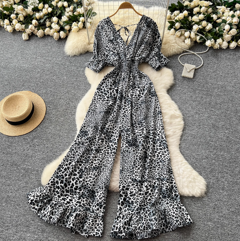 V-neck Lace Up Leopard Printed Jumpsuits