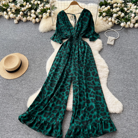 V-neck Lace Up Leopard Printed Jumpsuits