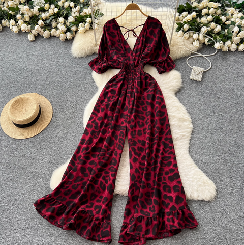 V-neck Lace Up Leopard Printed Jumpsuits