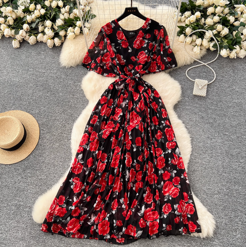 Premium V-neck Printed Chiffon Dress