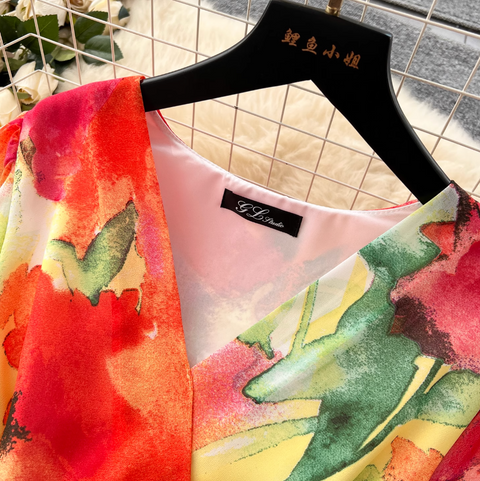 Premium V-neck Printed Chiffon Dress