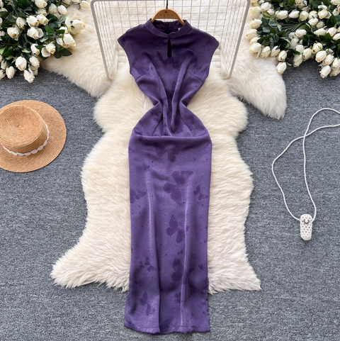 Hollowed Jacquard Satin Cheongsam Dress