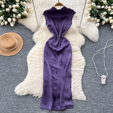 Hollowed Jacquard Satin Cheongsam Dress