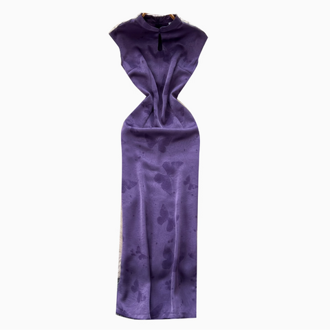 Hollowed Jacquard Satin Cheongsam Dress