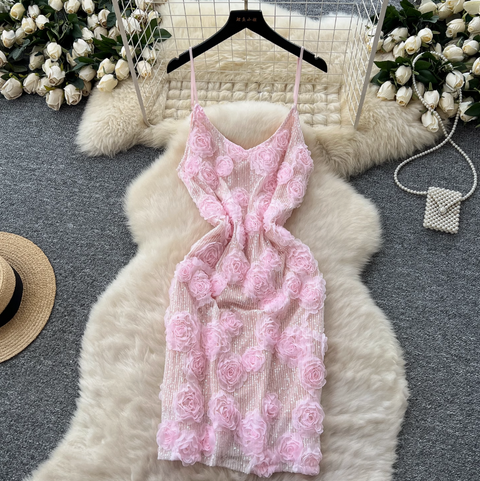 Sequined 3d Floral Slip Dress