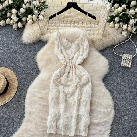 Sequined 3d Floral Slip Dress