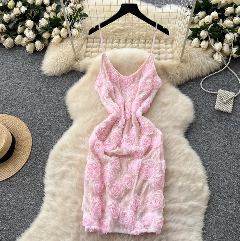 Sequined 3d Floral Slip Dress