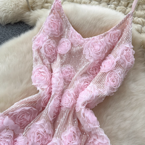 Sequined 3d Floral Slip Dress
