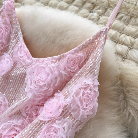 Sequined 3d Floral Slip Dress