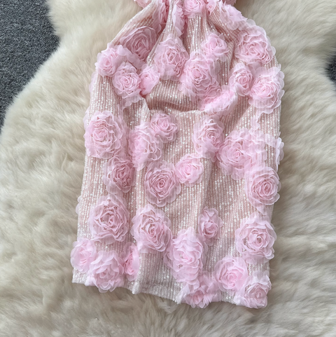 Sequined 3d Floral Slip Dress