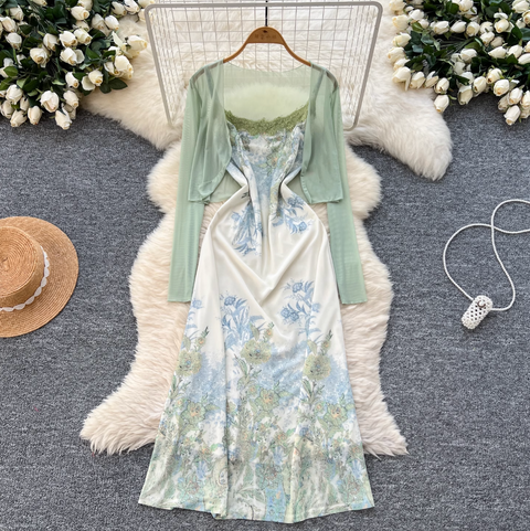 Mesh Cardigan & Floral Slip Dress 2Pcs