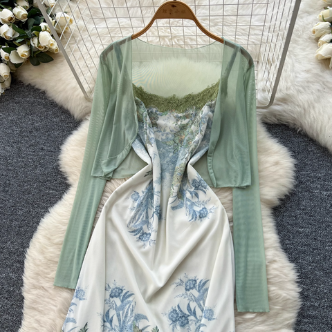 Mesh Cardigan & Floral Slip Dress 2Pcs