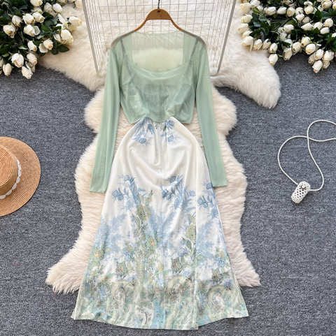 Mesh Cardigan & Floral Slip Dress 2Pcs