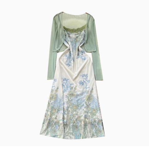 Mesh Cardigan & Floral Slip Dress 2Pcs