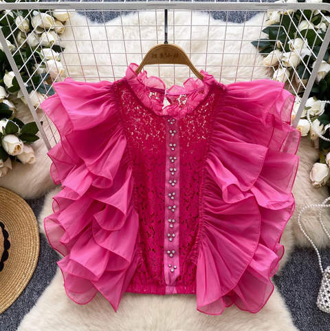 Niche Ruffled Crochet Sleeveless Shirt
