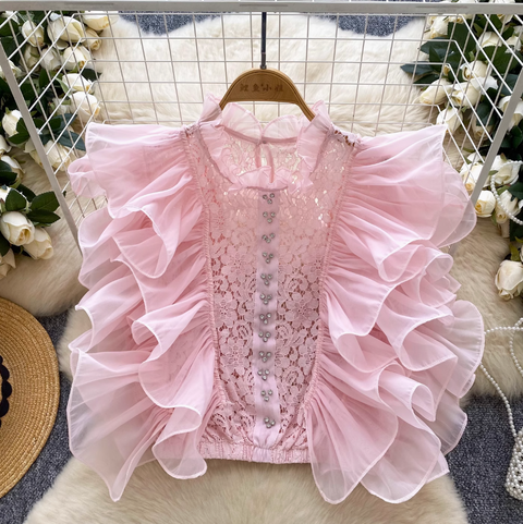 Niche Ruffled Crochet Sleeveless Shirt
